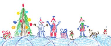 Noel alan plaza çizim çocuk eli gibi. Pastel boya, pastel tebeşir veya kalem el çizimi komik skeç doodle ağaç, top, kardan adam, çocuk, evlat, kız, hediye kutusu, kar, kulübe. Vektör arka plan alanı stili.