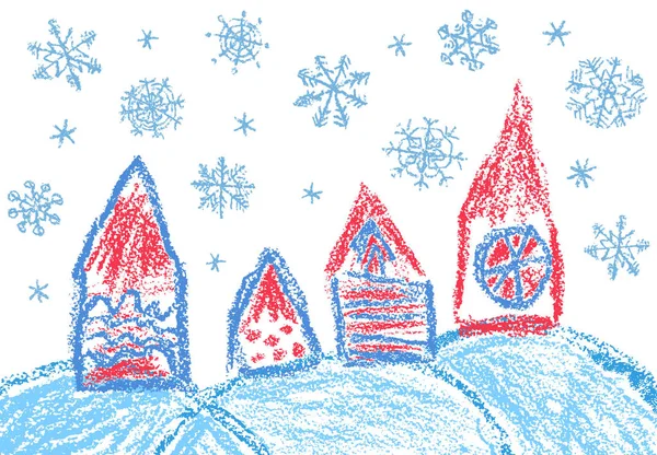 Dorfweihnachtslandschaft Schneefall Wie Kinder Handgezeichnete Buntstifte Oder Bleistifthäuschen Fallenden Schneeflocken — Stockvektor