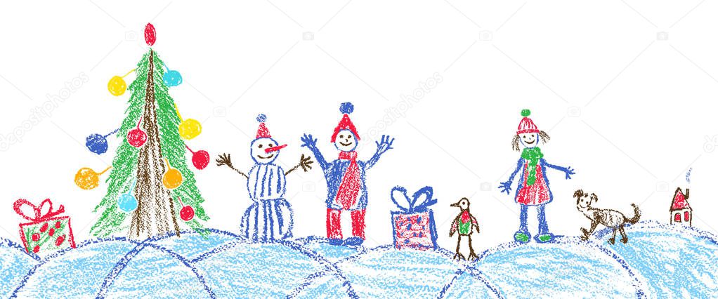 Like child hand drawing christmas space plaza. Crayon, pastel chalk or pencil hand drawing funny sketch doodle tree, ball, snowman, kid, boy, girl, gift box, snow, hut. Vector background area style.