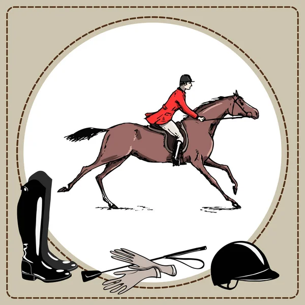 赤いジャケット イギリス障害物競走スタイルの馬術スポーツの馬のライダー 革フレームや乗馬歯車ツールの馬でダービー 黒のブートと鞭 ヘルメットと手袋 手図面馬漫画ベクトル — ストックベクタ