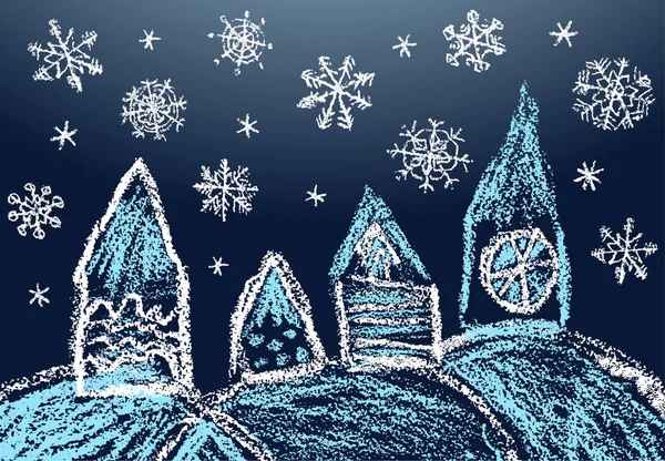 Dorfweihnachtslandschaft Schneefall Wie Kinder Handgezeichnete Buntstifte Oder Bleistifthäuschen Fallenden Schneeflocken — Stockvektor