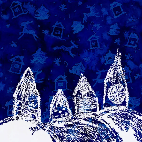 Village christmas landscape on deer background snowfall. Like kids hand drawn crayon or pencil house. City town scape like child\'s drawing doodle cozy hut. Holiday winter magic fairy blue night style