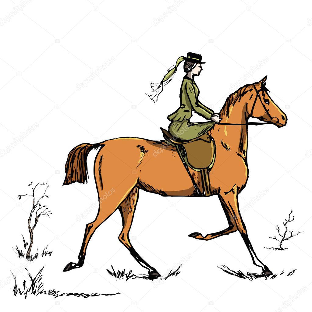Horsewoman horse rider. English style historic horseback lady. Riding habit woman on red horse. Hand drawing vector vintage art on white. England fox hunting steeplechase tradition.