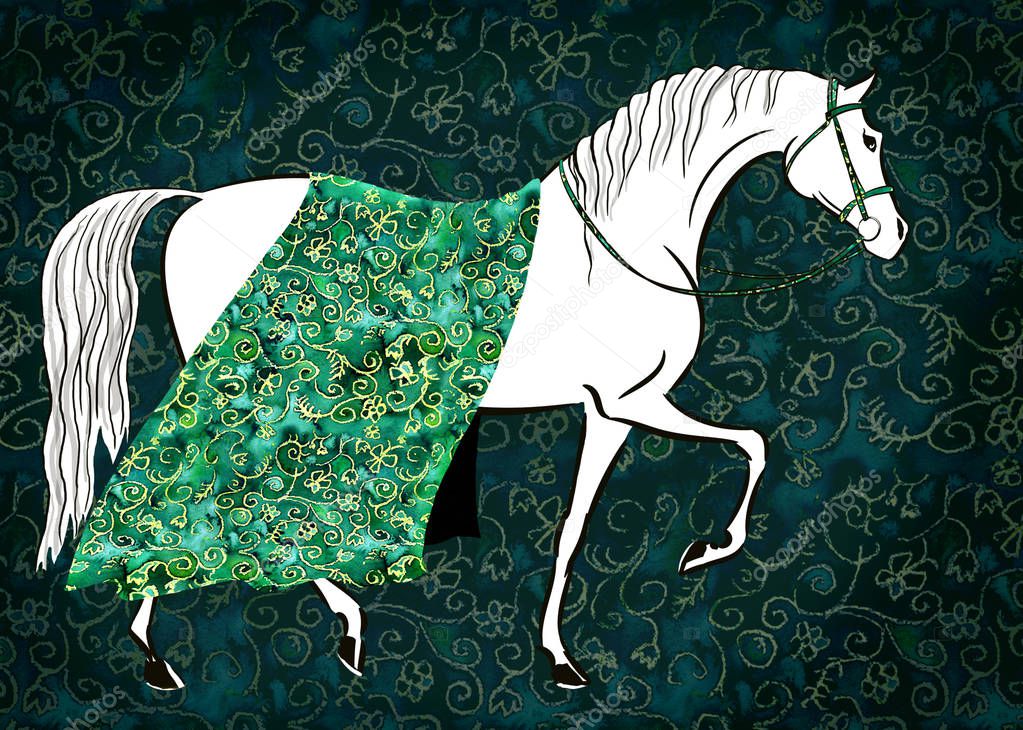 Beautiful white fairy horse with luxurious gold cloth floral pattern brocade blanket. Hand drawing fantasy art with green watercolor texture. Artistic hand painting dark background.
