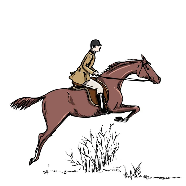 Sport Équestre Chasse Renard Avec Cavalier Cavalier Sautant Style Anglais — Image vectorielle