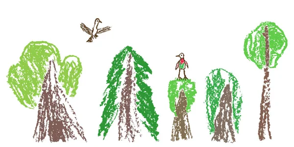 Crayon Cire Comme Forêt Dessinée Main Enfant Arbre Mis Oiseau — Image vectorielle