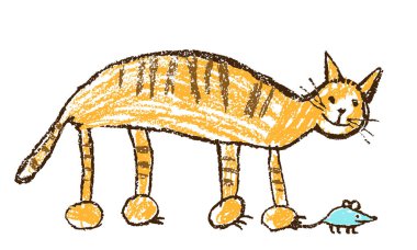 Komik kırmızı tekir kedi alıcı fare. Mum mum boya çocuğun el çekilmiş şirin kedi yavrusu gibi. Pastel tebeşir veya kalem çocuklar sanat kontur pet line. Vektör sanatsal doodle basit örnek.