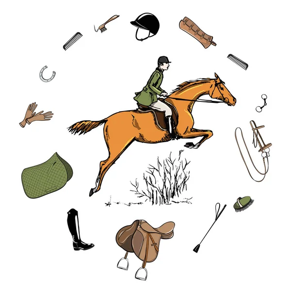 Sport Équestre Avec Style Cavalier Sellerie Cuir Avec Embout Selle — Image vectorielle