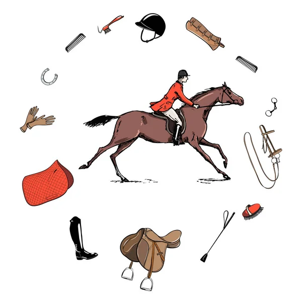 马术运动与骑马风格 马鞍在框架与位 毯子骑马齿轮钉梳理工具 手绘矢量线束集 — 图库矢量图片