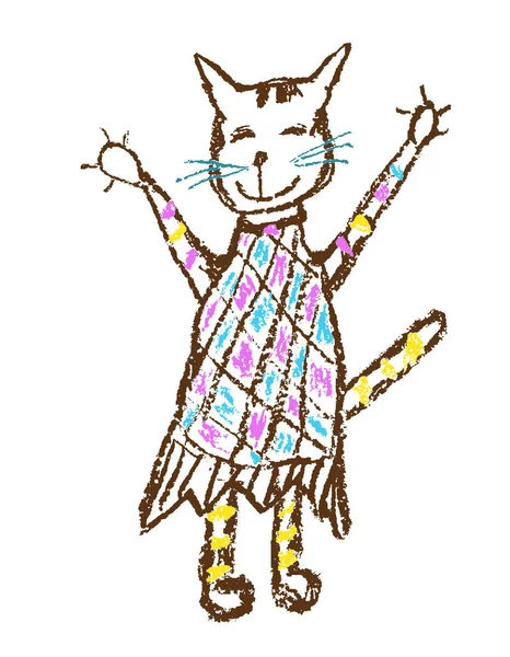 Komik Kız Doodle Tekir Kedi Elbiseli Mum Mum Boya Çocuğun — Stok Vektör
