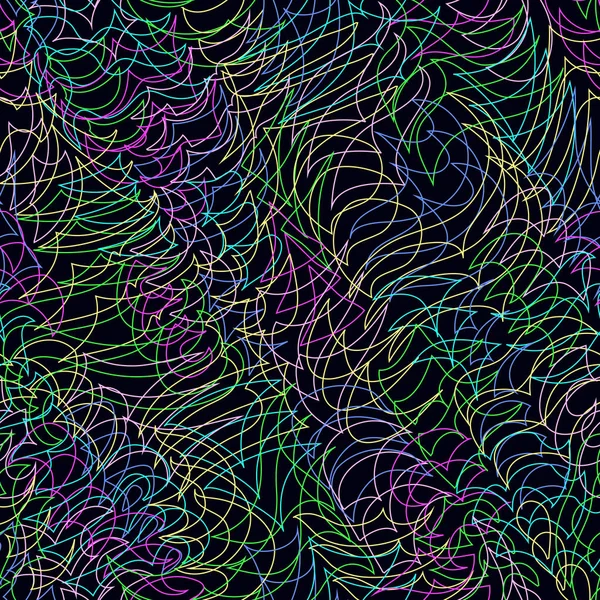 Padrão de transe ácido no escuro. Linhas de fluido de efeito estéreo de néon colorido. Textura disco de férias. Fundo saturado brilhante em preto. Modelo abstrato vetorial . — Vetor de Stock