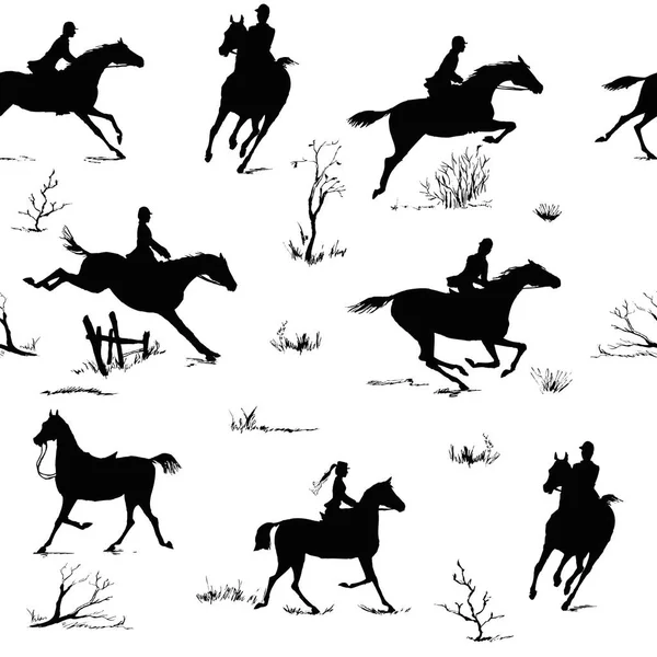 Equestrian Horse Riding Style Silhouette Seamless Pattern Black White English — Stock Vector