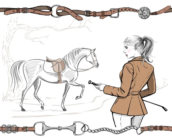 Kobieta Moda Piękny Angielski Jeździectwo Polowania Stylu Kurtka Konia Siodła — Wektor stockowy