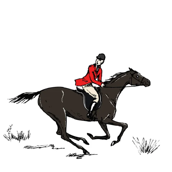 马术运动猎狐与飞驰的黑马男子骑手英语风格的景观 英格兰尖刺骑手传统 手绘矢量复古马背艺术 — 图库矢量图片