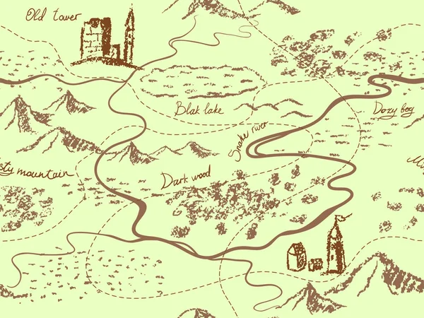Évesen Fantasy Vintage Zökkenőmentes Térkép Hegyek Épületek Fák Dombok Folyó — Stock Vector