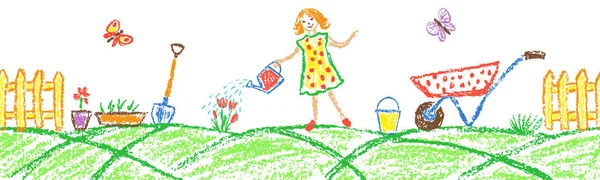 Απρόσκοπτη Περίγραμμα Φόντο Κορίτσι Νερό Λουλούδια Στον Κήπο Εργαλεία Κηπουρικής — Διανυσματικό Αρχείο