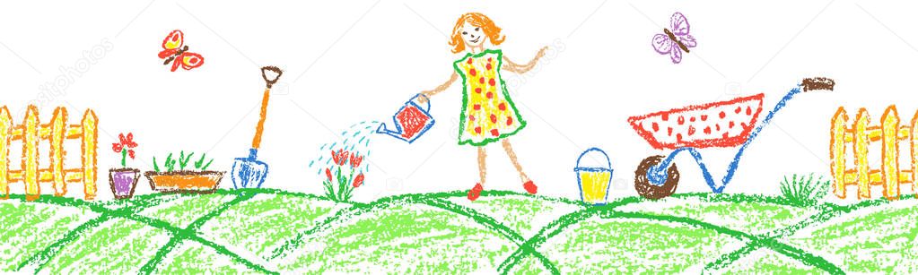 Seamless border background with girl water the flowers in garden. Gardening tools set. Like child hand drawing outdoor copy space. Crayon pencil vector watering can, shovel, fence, cart, rubber, plant