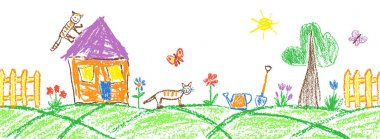 Yaz bahçesi veya köy sorunsuz sınır. Bahçe araçları ve komik doodle tabby kedi. Çocuk el çizimi gibi dış mekan kopya alanı. Boya kalemi, pastel tebeşir veya kalem vektör çiçek, çit, ev, kauçuk botlar, bitki. Çim eniyim arka plan