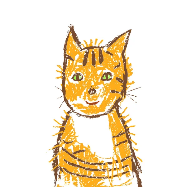 Drôle Sourire Chat Rouge Crayon Craie Pastel Trait Artistique Crayon — Image vectorielle