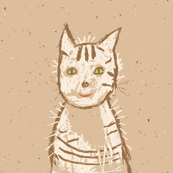 Gracioso Sonriente Gato Tabby Papel Artesanal Crayón Tiza Pastel Lápiz — Archivo Imágenes Vectoriales