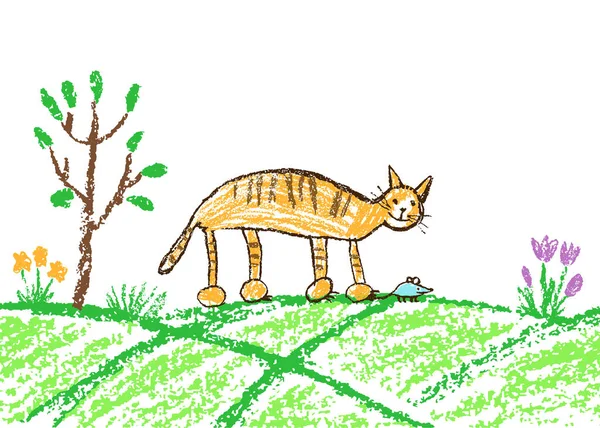 Gracioso Gato Tabby Rojo Atrapando Ratón Pradera Hierba Verde Árbol — Vector de stock
