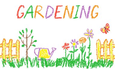 Bahçe veya çiftlik setinde dikişsiz üstbilgi kenarlık bahçe araçları. Çocuk el çizimi gibi dış mekan kopya alanı. Boya kalemi vektör çiçek, ağaç nakli, sulama kutusu, çit, sepeti, bitki