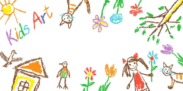 Creativo Arte Infantil Simple Frontera Encabezado Banner Marco Como Crayón — Vector de stock