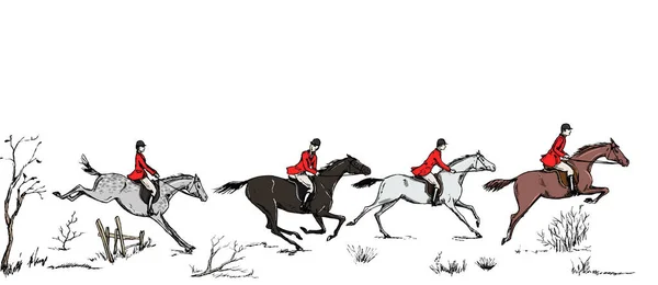 Конный Спорт Охота Лисы Всадниками Английский Стиль Красной Куртке Ландшафте — стоковый вектор