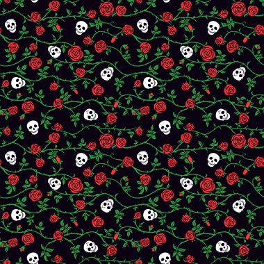 Kırmızı tırmanma kıvırcık gül ve diken ile Kafatası çiçek dikişsiz desen. Kumaş koyu çiçek arka plan, vektör. Gotik, Ölüler Günü ya da Cadılar Bayramı tatili. Dia de muertos doku. Sevimli komik ölüm kafası