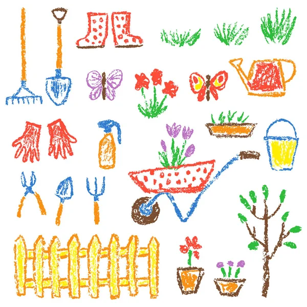 Ensemble Outils Jardinage Instruments Jardin Ferme Comme Matériel Dessin Manuel — Image vectorielle