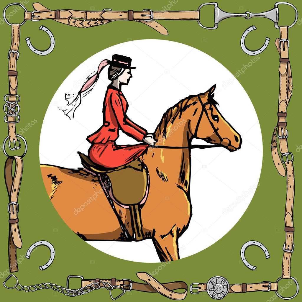 Elegant horsewoman and riding habit. English equestrian sport fox hunting in leather belt frame with bit, horse shoe. England derby hand drawn equine historic horseback lady. Vector vintage art style