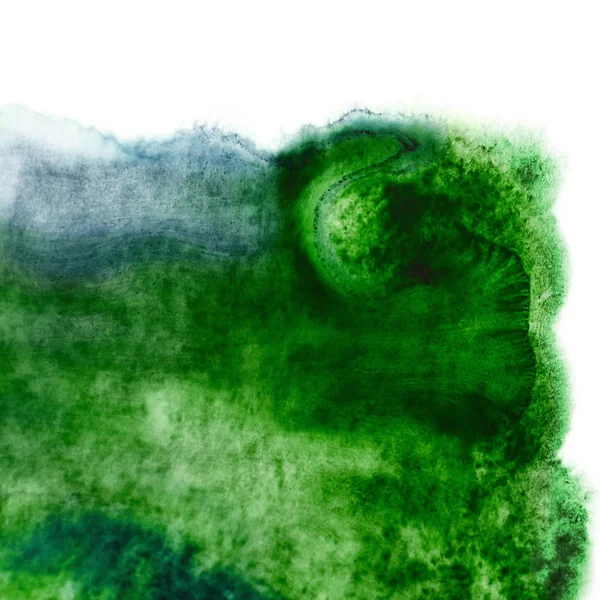 水彩绿色斑点或专色纹理 湿污渍液滴 抽象粗俗手绘流动性污迹背景隔离在白色上 — 图库照片