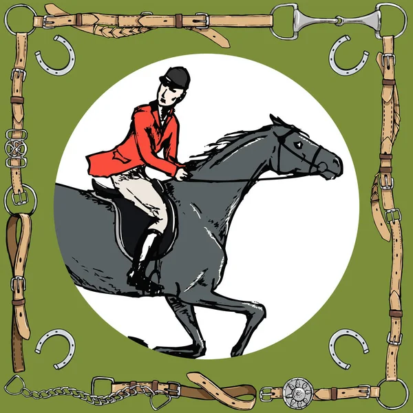 骑手在皮带框架与位 马术运动猎狐骑手在红色夹克 英格兰德比手绘制陡峭的传统风格矢量马背景 — 图库矢量图片