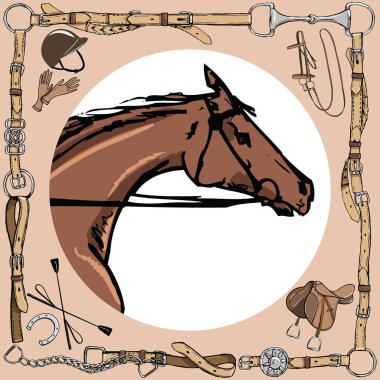 Deri kemer çerçeveiçinde at snout. Bit, dizgin, eyer, kask, eldiven, kırbaç ile İngilizce binicilik spor tarzı. At vektör el ipek eşarp gibi vintage sanat çizilmiş.