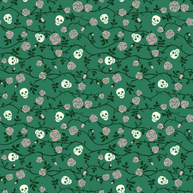 Kıvırcık gül ve diken tırmanma ile Kafatası çiçek dikişsiz desen. Kumaş koyu çiçek arka plan, vektör. Gotik, Ölüler Günü ya da Cadılar Bayramı tatili. Dia de muertos doku. Sevimli komik ölüm kafası