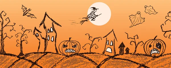 Jak Rysunek Ręki Dziecka Halloween Sylwetka Granicy Przestrzeni Kredka Pastel — Wektor stockowy