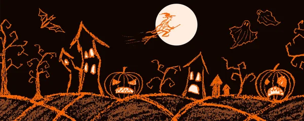 Wie Kinder Hand Zeichnen Halloween Silhouette Grenzraum Buntstift Pastellkreide Oder — Stockvektor