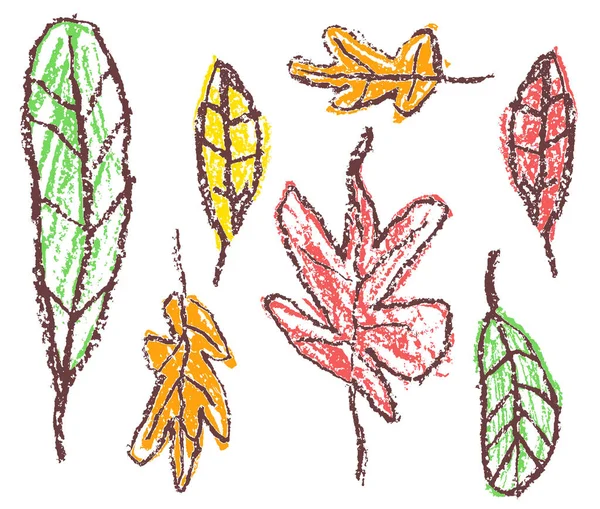 Crayon Hand Tekening Kleurrijke Herfst Bladeren Val Witte Achtergrond Net — Stockvector