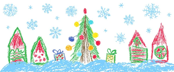 Wie Kinder Hand Zeichnen Kreide Weihnachten Haus Grenze Pastellkreide Oder — Stockvektor
