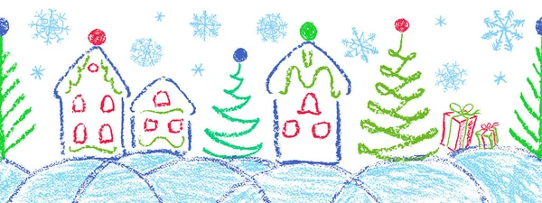 Crayon Maison Noël Boîte Cadeau Jeu Bordure Sans Couture Arbre — Image vectorielle