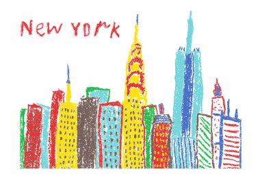 New York şehrinin gökdelenlerini çizen bir çocuk eli gibi. Çocuklar gibi boya kalemi, kalem ya da pastel tebeşirle şehir merkezinin taşıyıcı pankartı çizilmiş. Komik karalama şehir manzarası parlak resim tarzı.