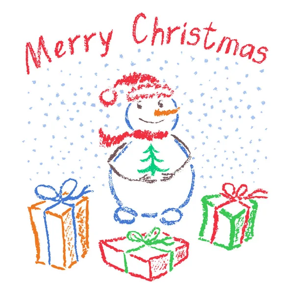 Boże Narodzenie Pudełko Śmieszne Uśmiechnięty Bałwan Spadające Płatki Śniegu Jodły — Wektor stockowy