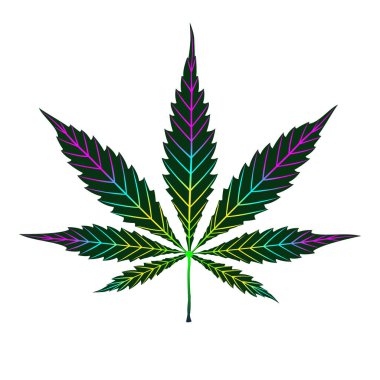 Kenevir renkli yaprak beyaza izole edilmiş. Şekil veya siluet bitkisel doğa sembolü. Vektör karikatür el parlak gökkuşağı logosu, çok renkli marihuana otu veya kenevir bitkisi çiziyor. 
