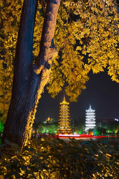 Sun Moon Pagodas Illuminated Night Tourist Attraction Guilin — Stock Photo, Image