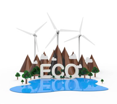 Dağ, türbin, yel değirmeni, göl, ağaç. Eko yenilenebilir enerji beyaz arka plan üzerinde izole. 3D çizim
