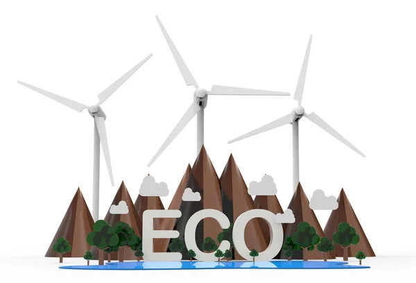 Mountain Turbine Windmill Lake Tree Eco Renewable Energy Isolated White — Stock Photo, Image