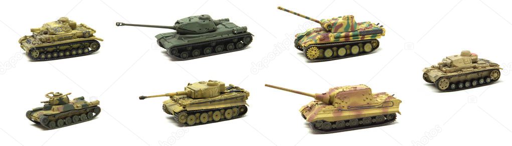 old toy tanks isolated on white background.