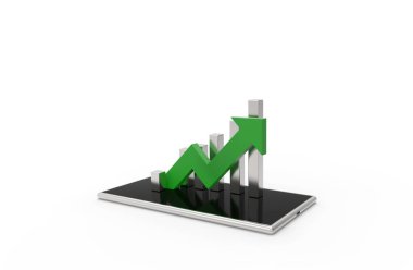 Yeşil ok ve grafik üzerinde cep telefonu. Büyüyen iş concept.3d işleme. Beyaz arka plan üzerinde izole.