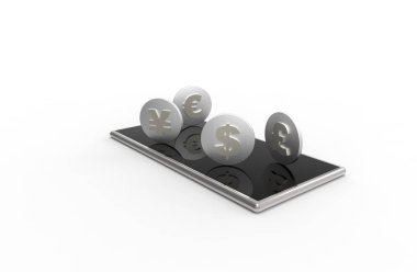 Cep telefonu ve bozuk paralar beyaz arka planda izole edilmiş. 3B görüntüleme.