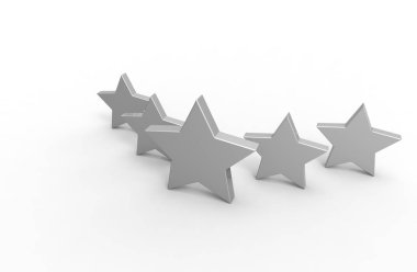 Beyaz arka plan üzerinde izole beş gümüş yıldız. 3D render.